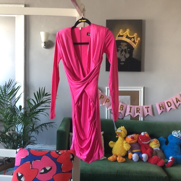 Nookie envy mini dress neon pink sleek long sleeve shoulder pads size S NWT - Picture 11 of 14